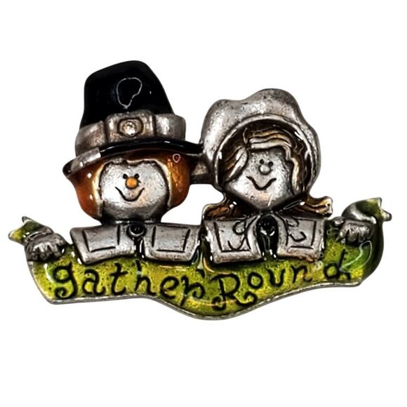 Vtg Enamel Thanksgiving Pilgrim Gather 'Round Pewter Pin Brooch 2" Signed - Picture 1 of 3